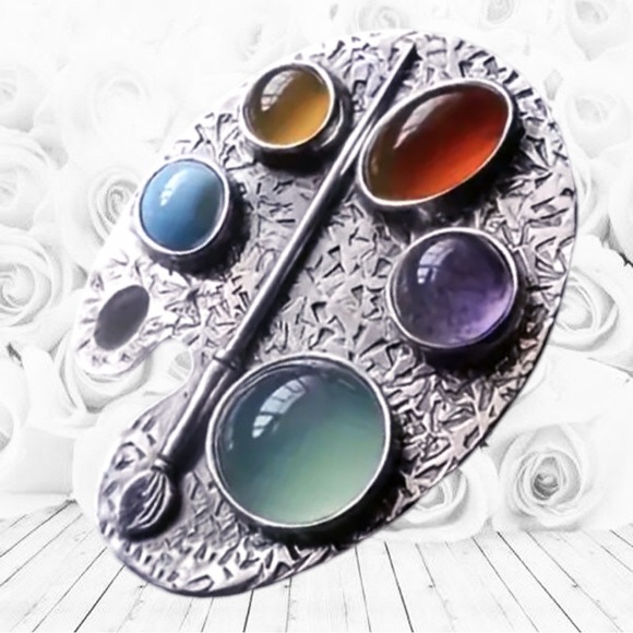 Artist Palette Silver Ring Gem Stone Paints Adjustable Vintage Finish Unique - Picture 1 of 5